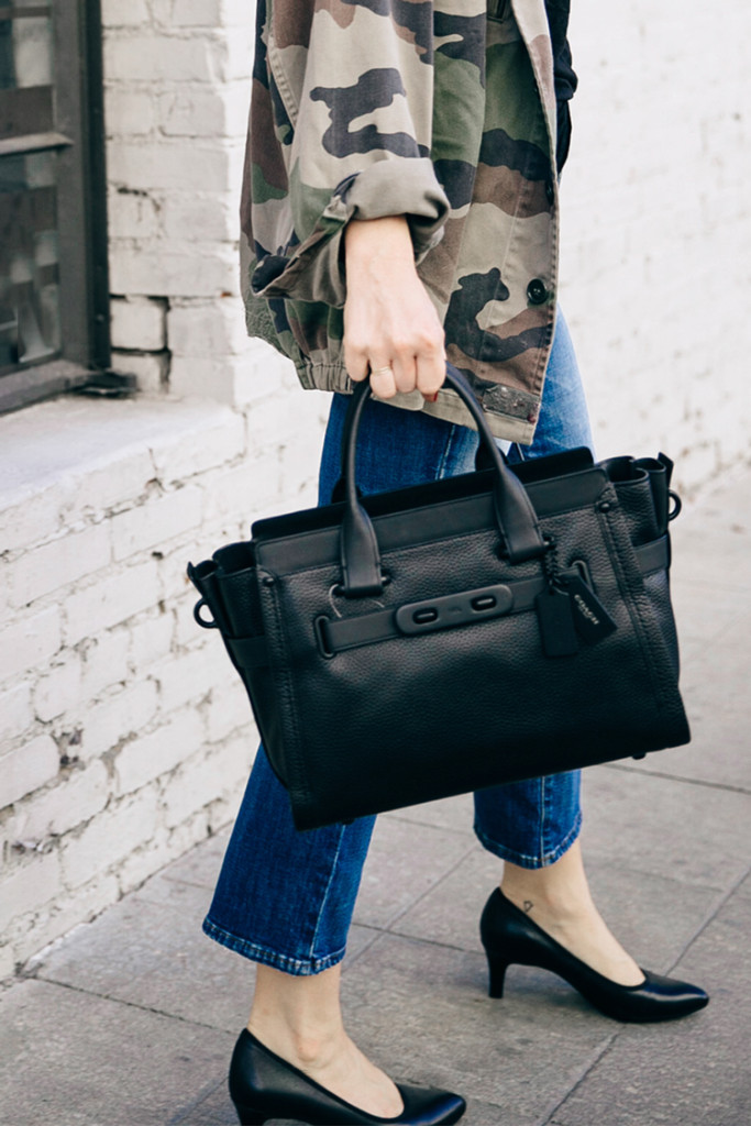 camo jacket + satchel bag for fall via Anne Sage