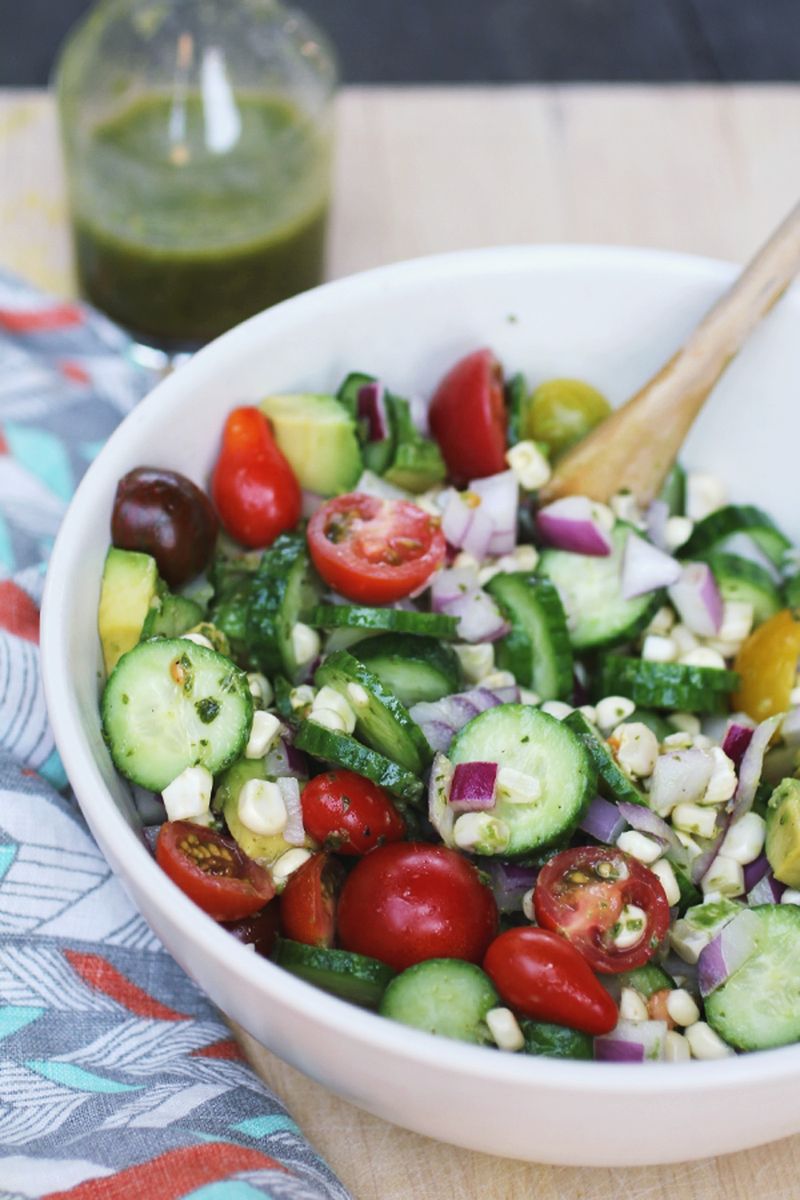 summer corn and tomato salad with cucumbers and basil vinaigrette