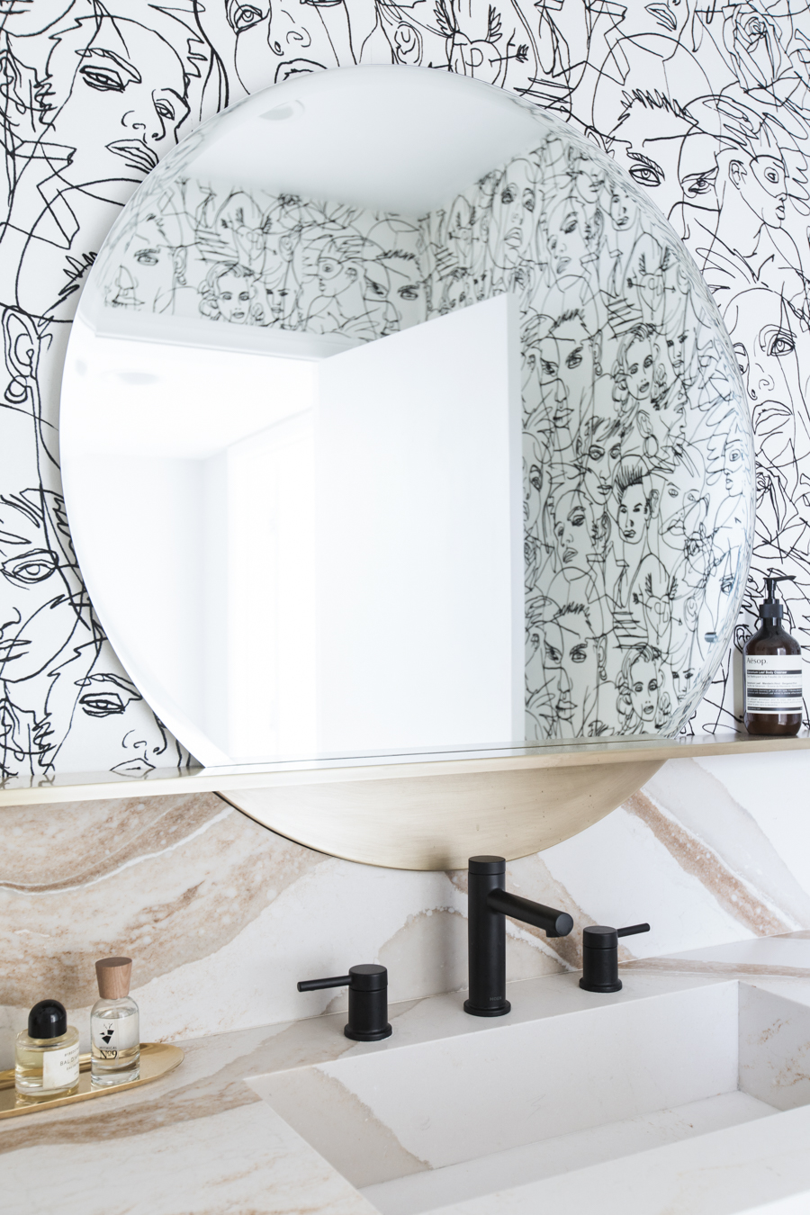 modern bathroom with cambria quartz CB2 perch mirror