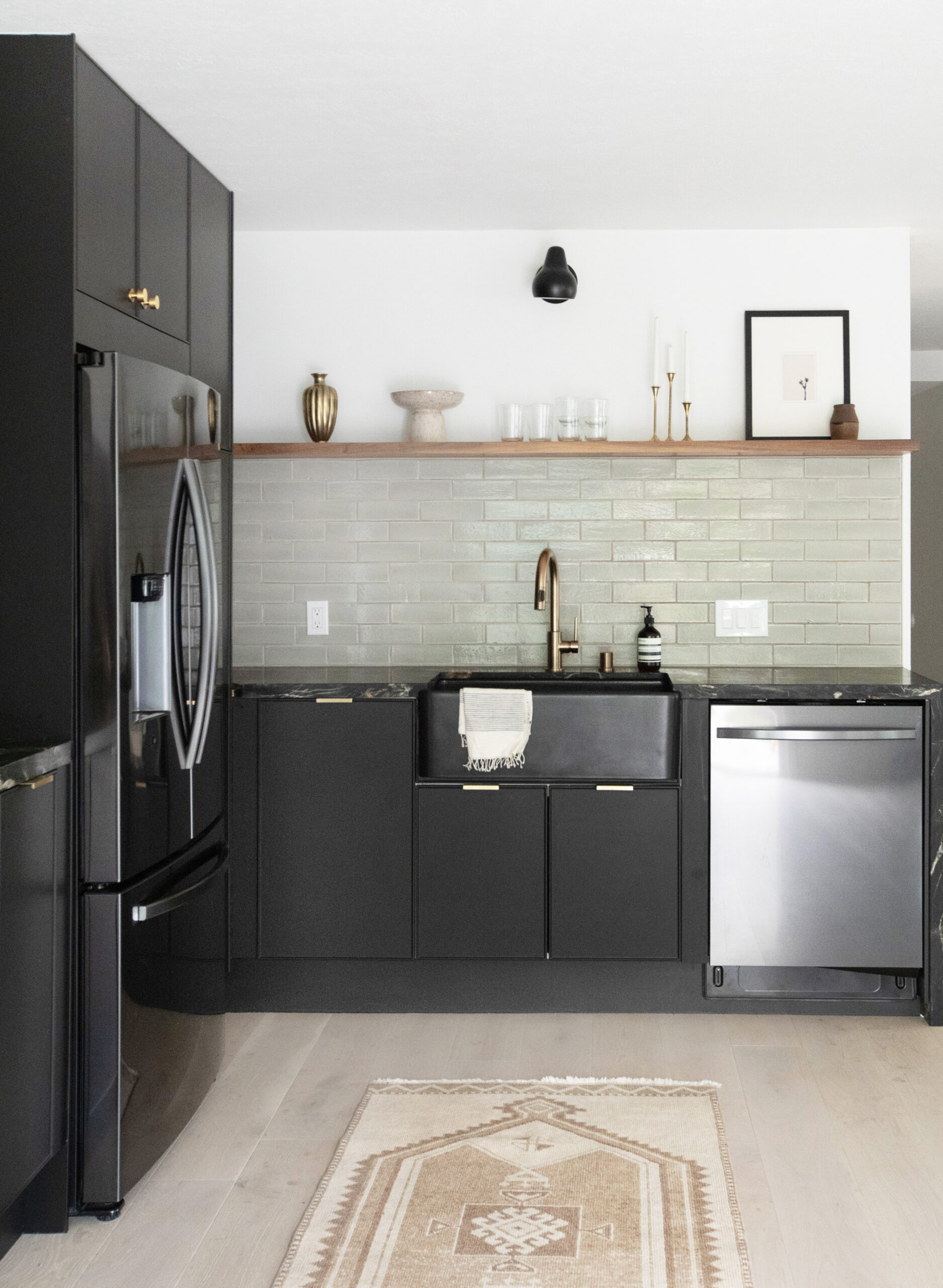 black kitchen with open shelving