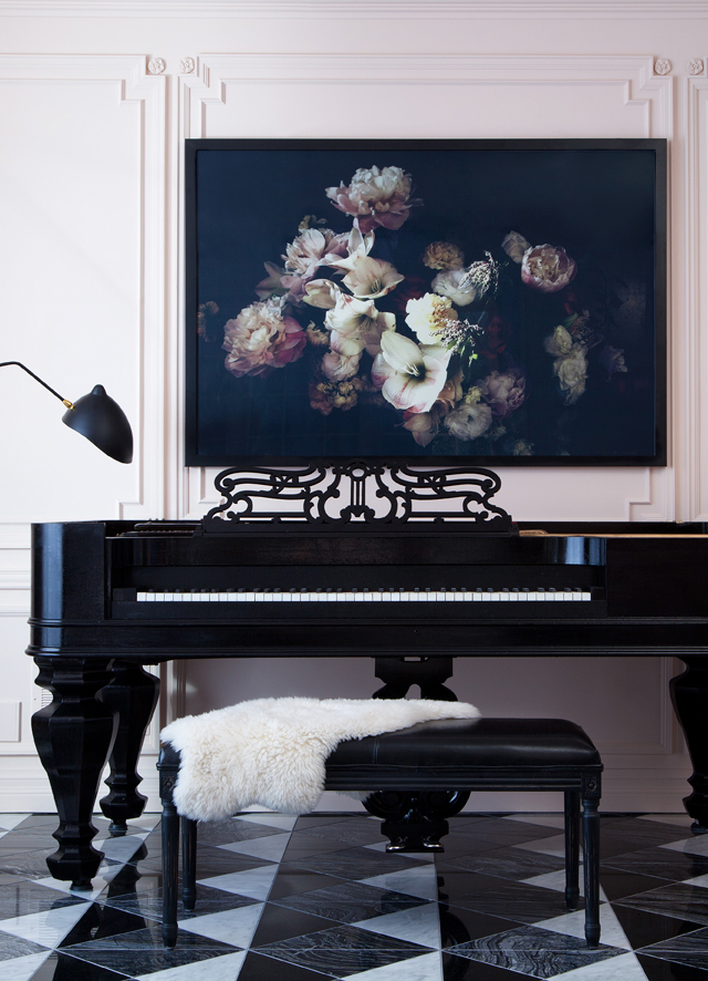 artwork over the piano + pink walls via Anne Sage