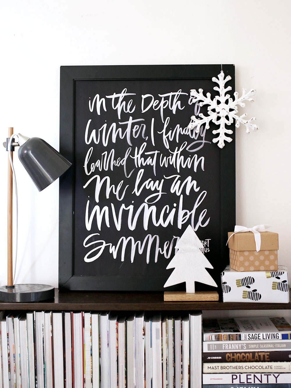 holiday decorations for the bookshelf via Anne Sage