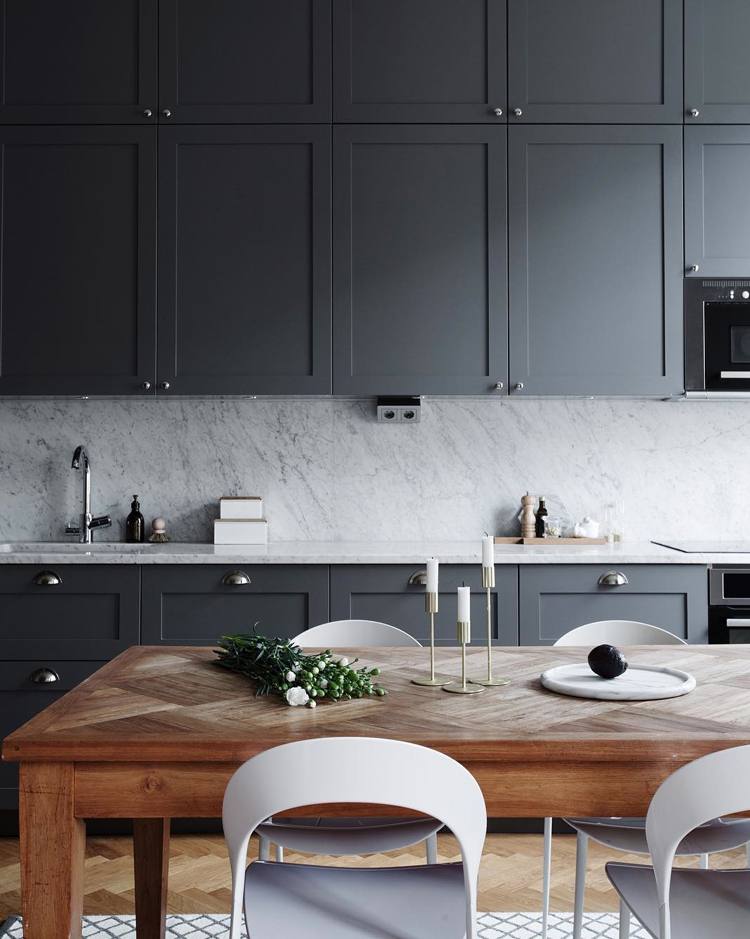 grey kitchen cabinets and marble counters via @citysage