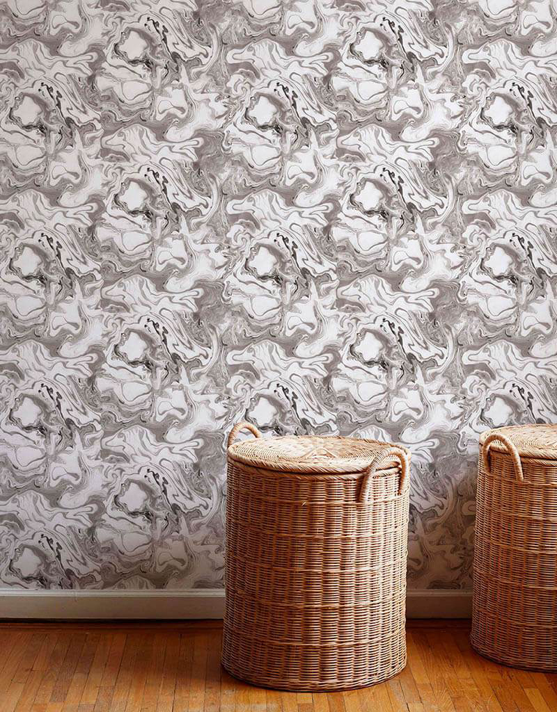 marble wallpaper and basket laundry hampers