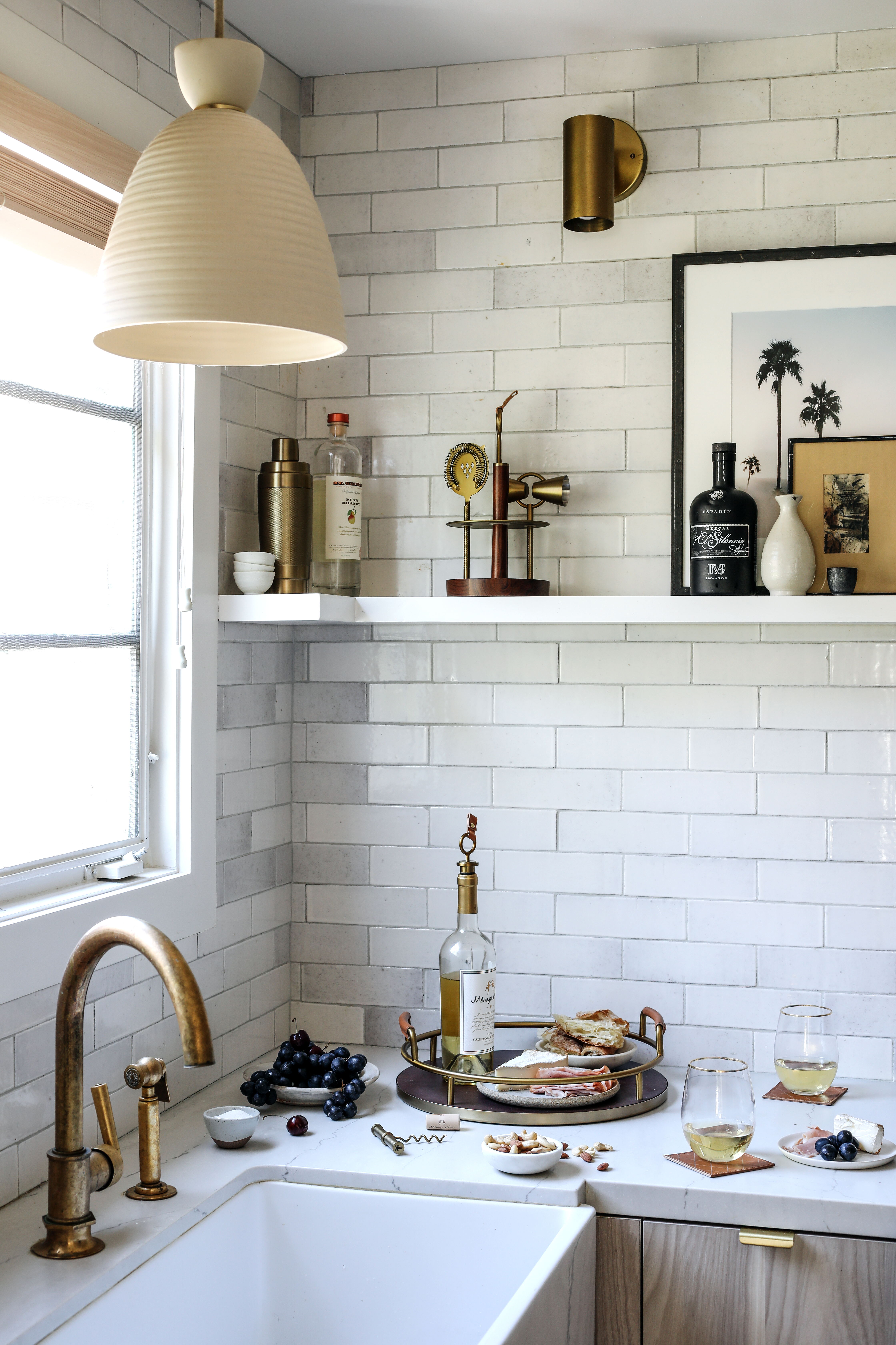 modern farmhouse kitchen with subway tile and open shelving